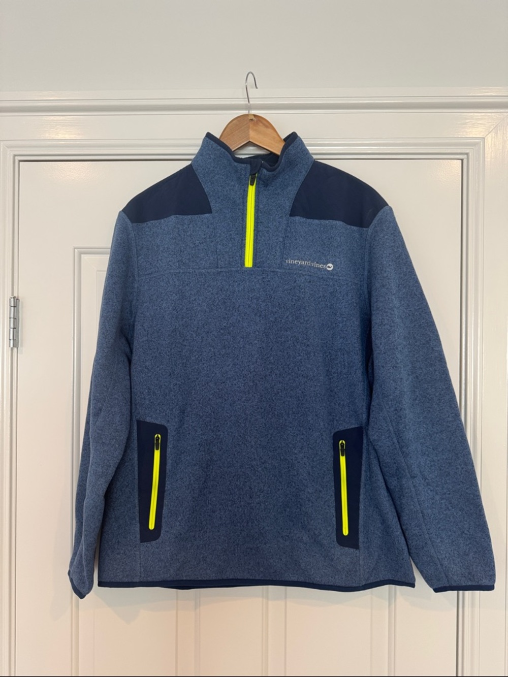 Vineyard Vines Heathered Blue Quarter-Zip with Navy and Neon Green Accents